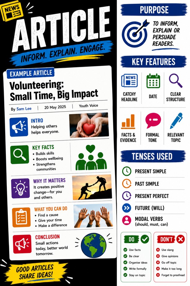 Article Writing Poster: Inform, Explain, Engage classroom poster