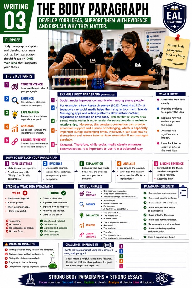Body Paragraph Writing Guide Infographic classroom poster