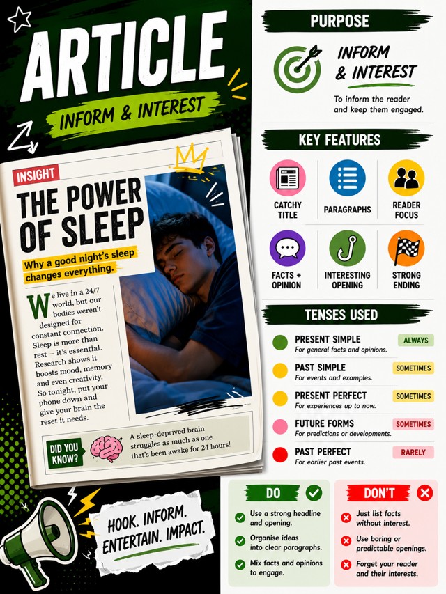 Article writing · Inform and interest classroom poster