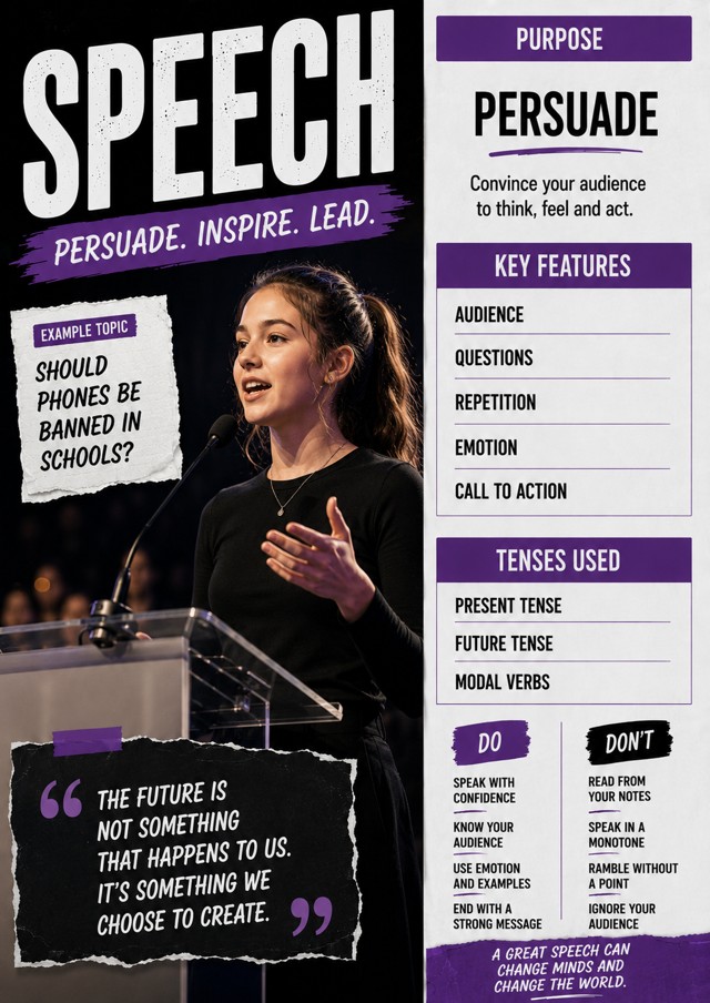 Speech writing · Persuade, inspire, lead classroom poster
