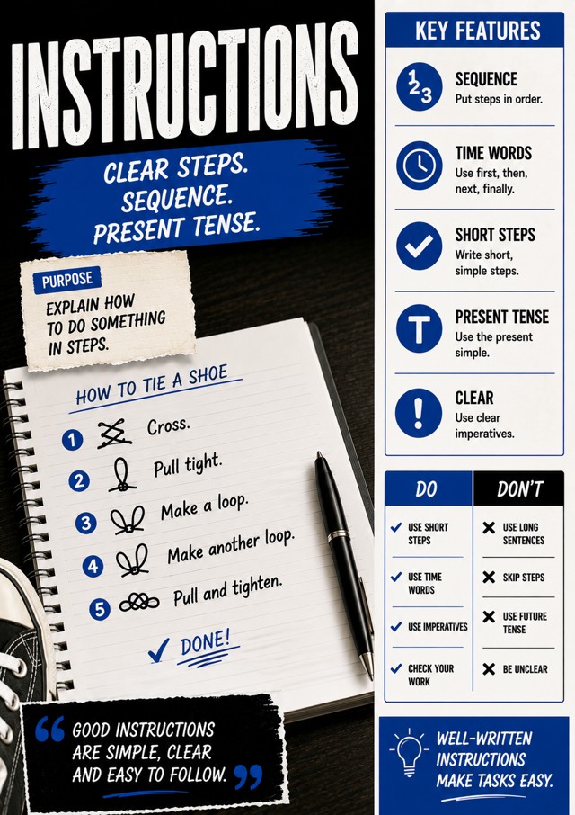 Instructions · Clear steps, clear sequence classroom poster