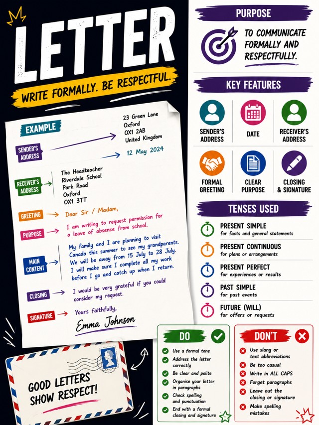 Letter writing · Write formally, be respectful classroom poster